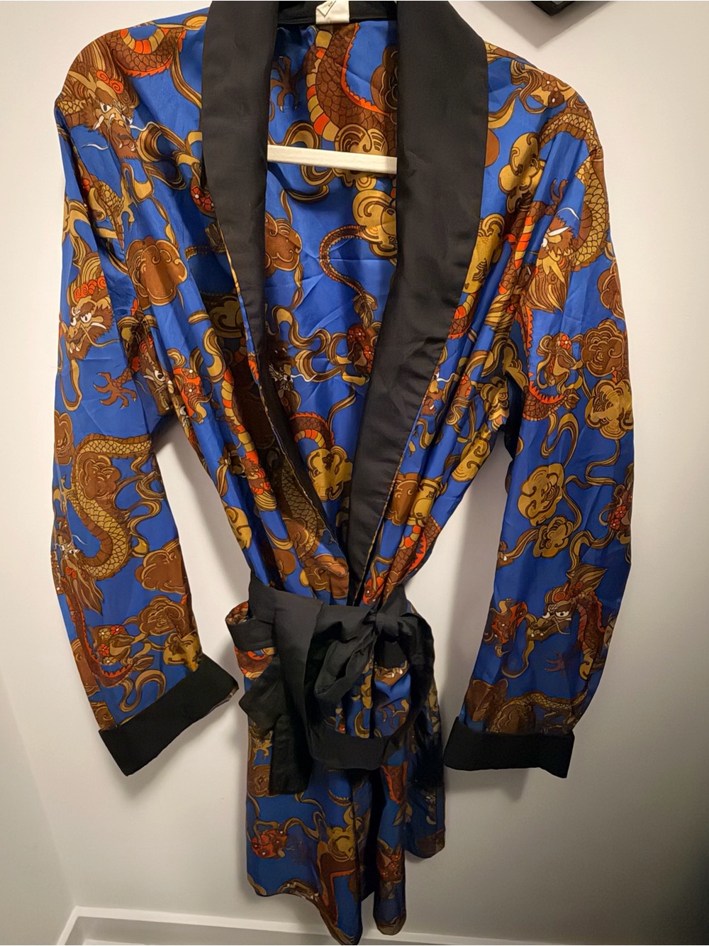 Silk-Feel Blue Dragon Print Satin Robe Jacket